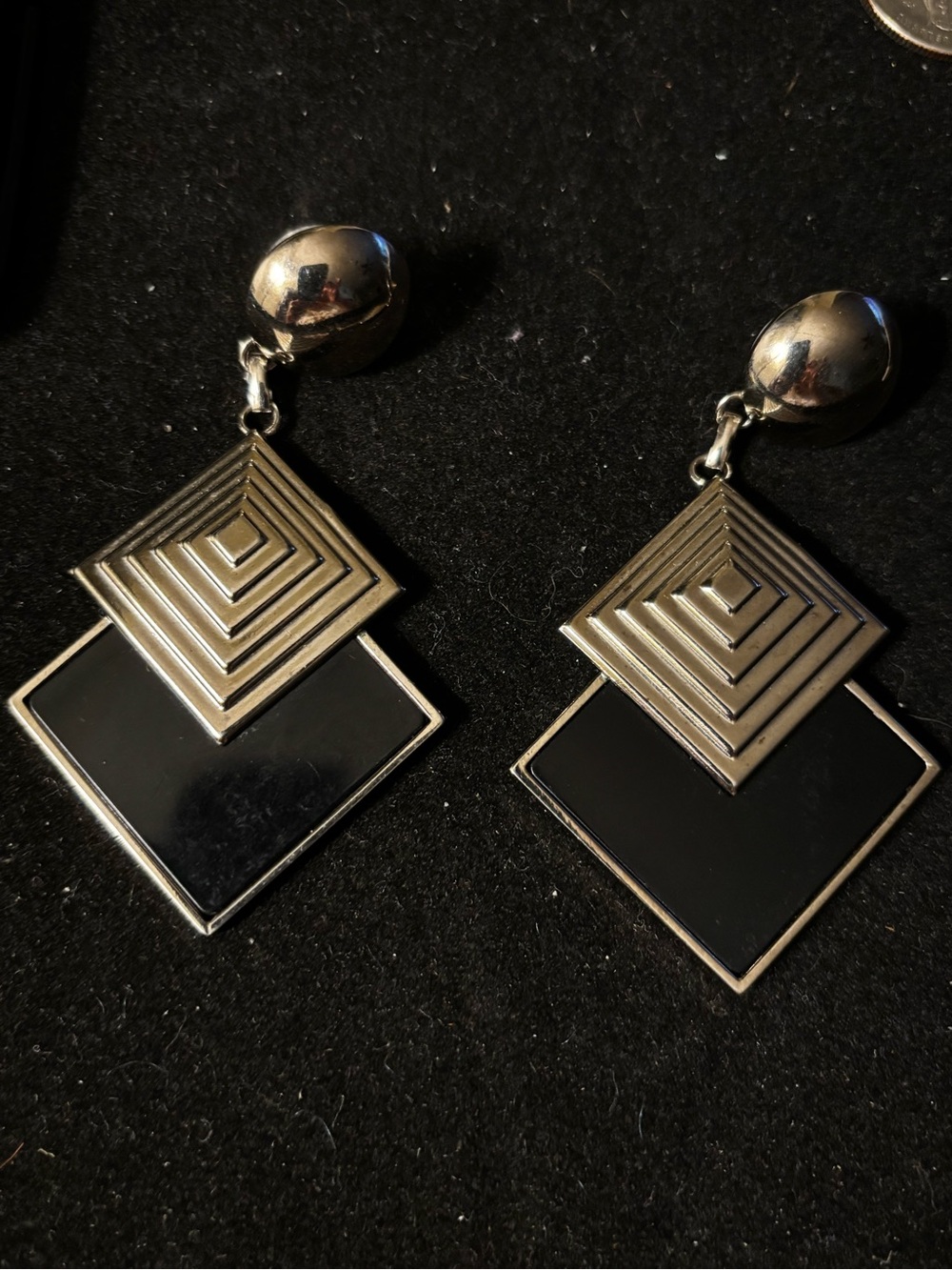 Retro Black Silver Geometric Large Post Earrings